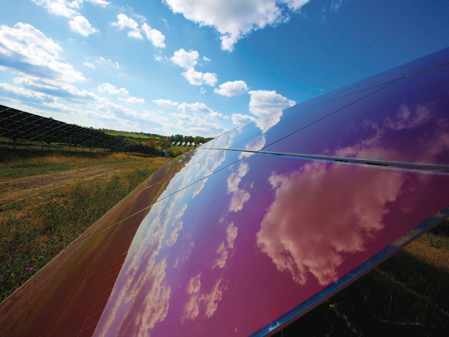 solar panels in a field showing the reflection of clouds in the sky