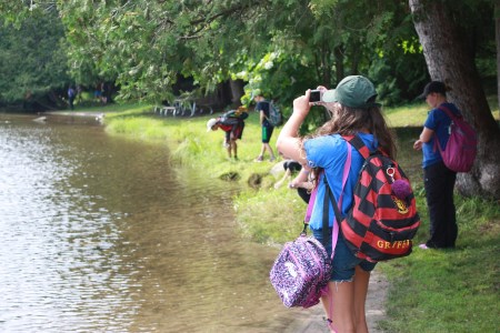 children standing along the park shoreline taking pictures